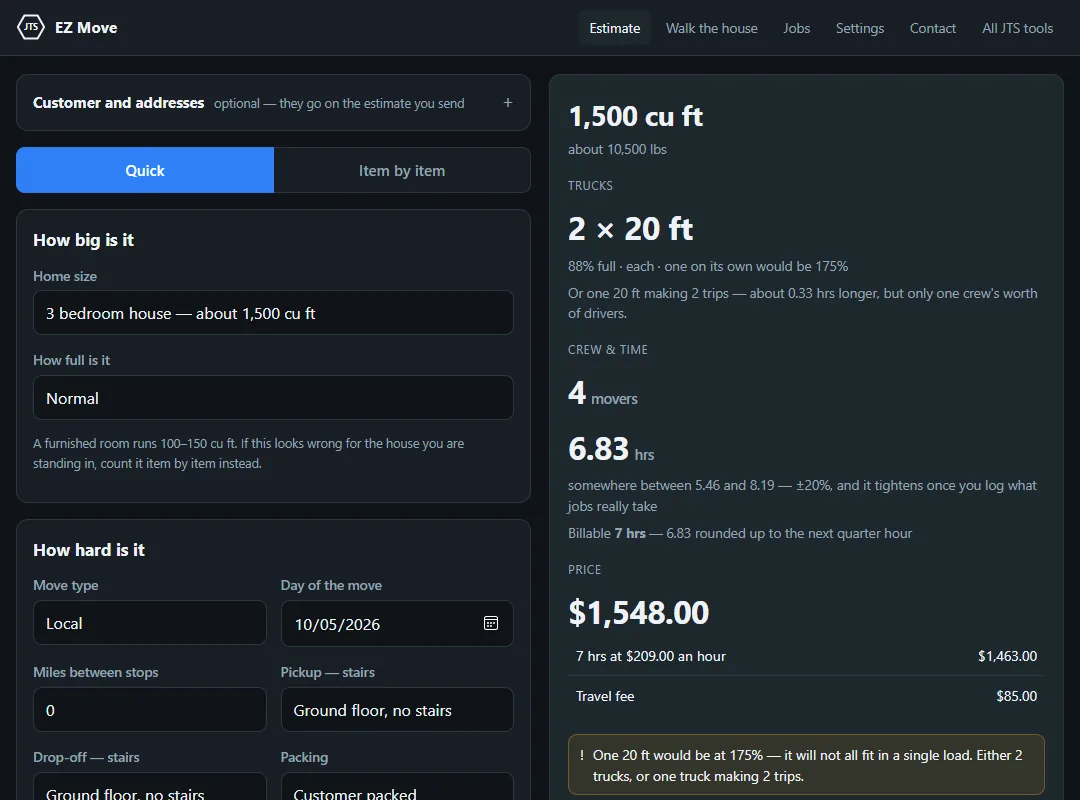 The EZ Move estimate screen for a 3-bedroom house: 1,500 cubic feet, the trucks, a crew of four, the hours on the clock, and the price with every line of it shown.